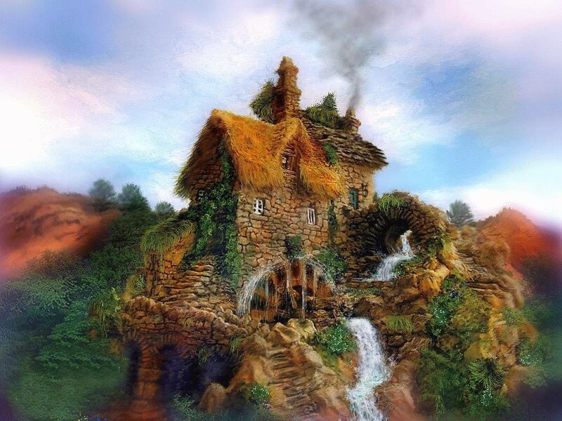 Fantasy cottage with waterfall