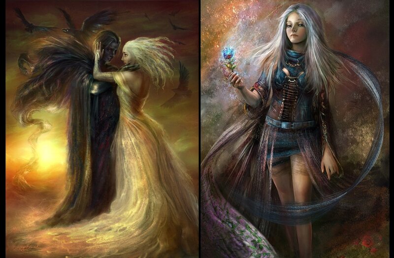 Fantasy couple and woman with flower