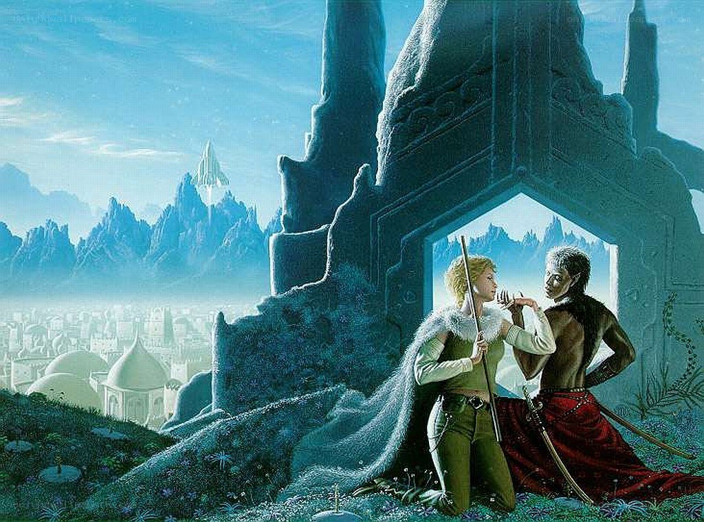 Fantasy couple at ancient ruins