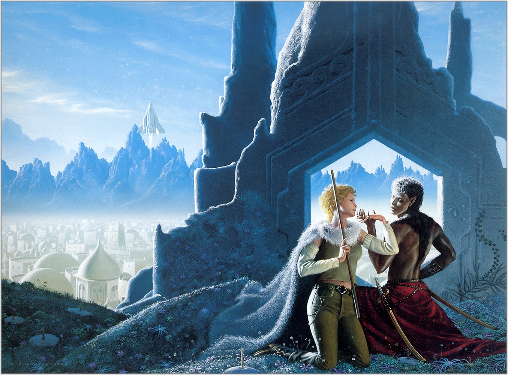 Fantasy couple at ancient ruins