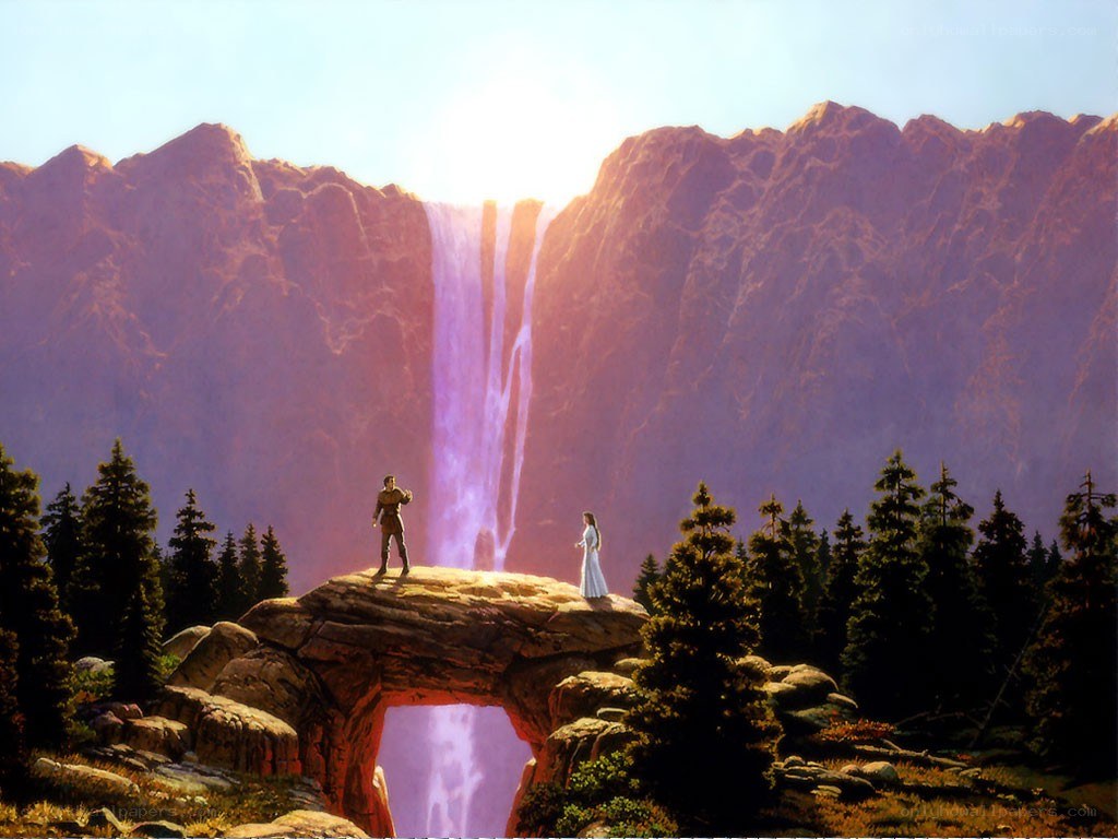 Fantasy couple at waterfall