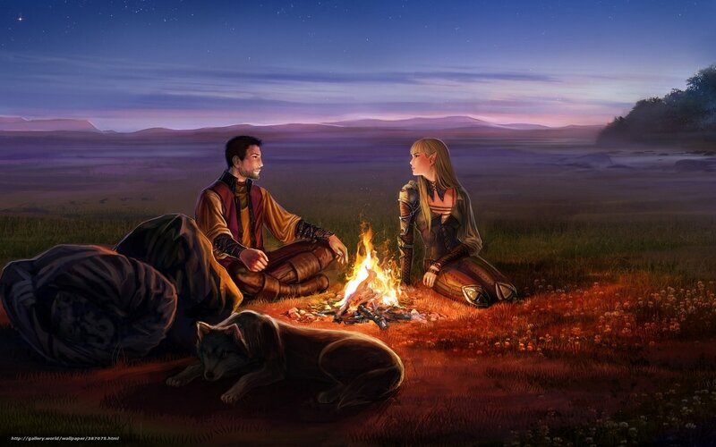 Fantasy couple by campfire