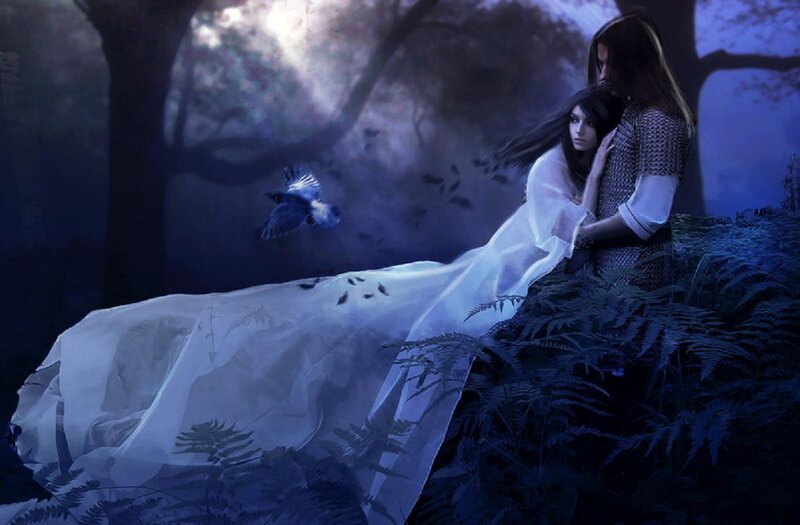 Fantasy couple in a moonlit forest