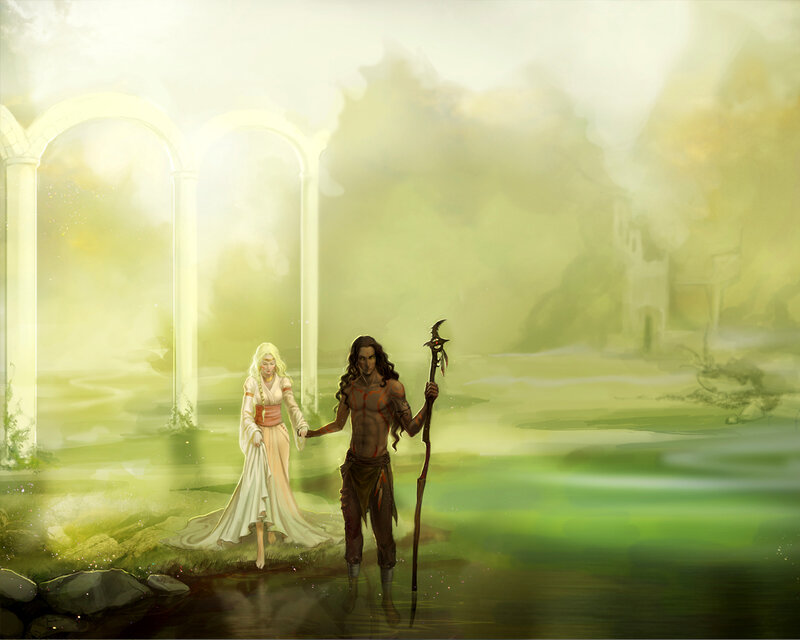 Fantasy couple in a mystical landscape