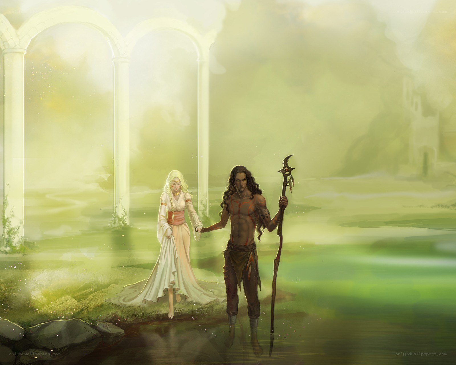 Fantasy couple in a mystical landscape