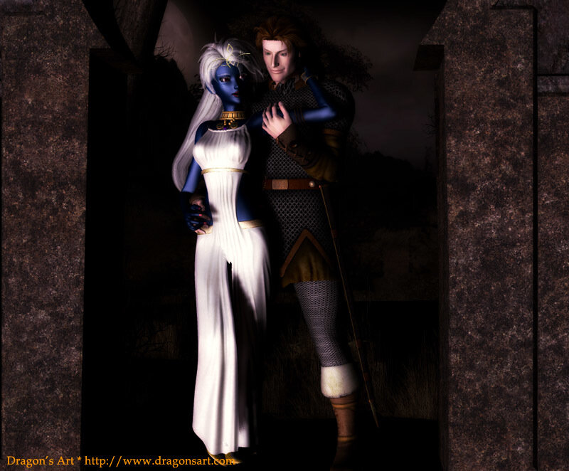 Fantasy couple in a stone archway