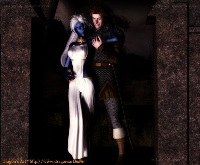 Fantasy couple in a stone archway