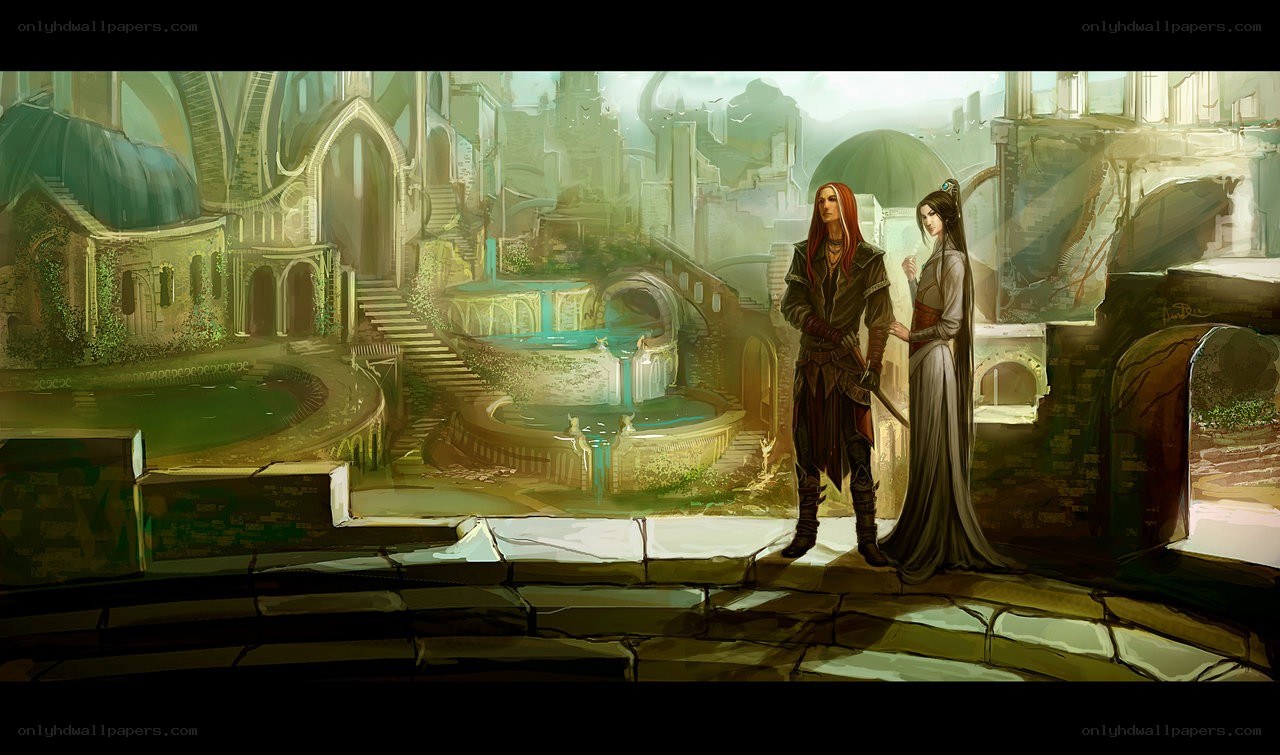 Fantasy couple in ancient ruins