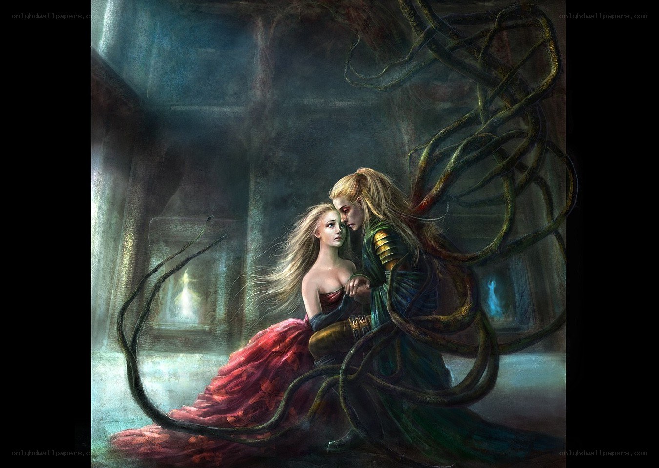 Fantasy couple in ancient ruins