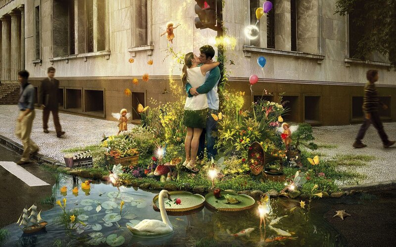 Fantasy couple in city garden