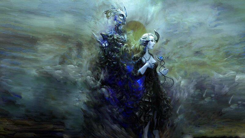Fantasy couple in dark storm