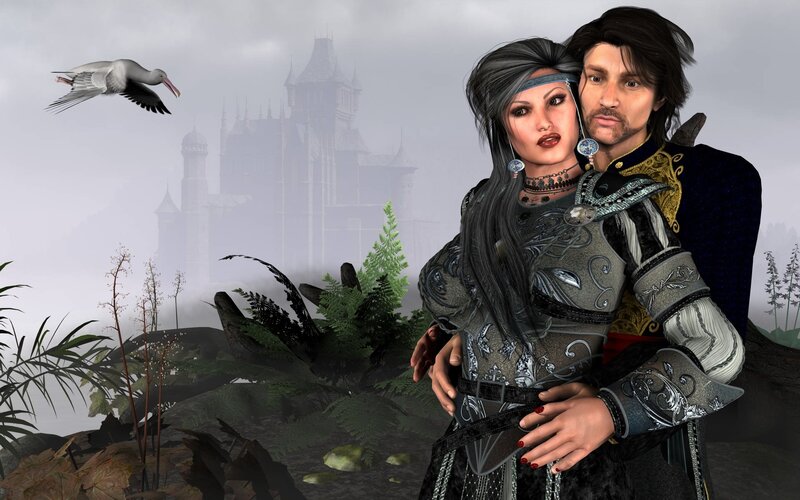 fantasy couple in misty landscape
