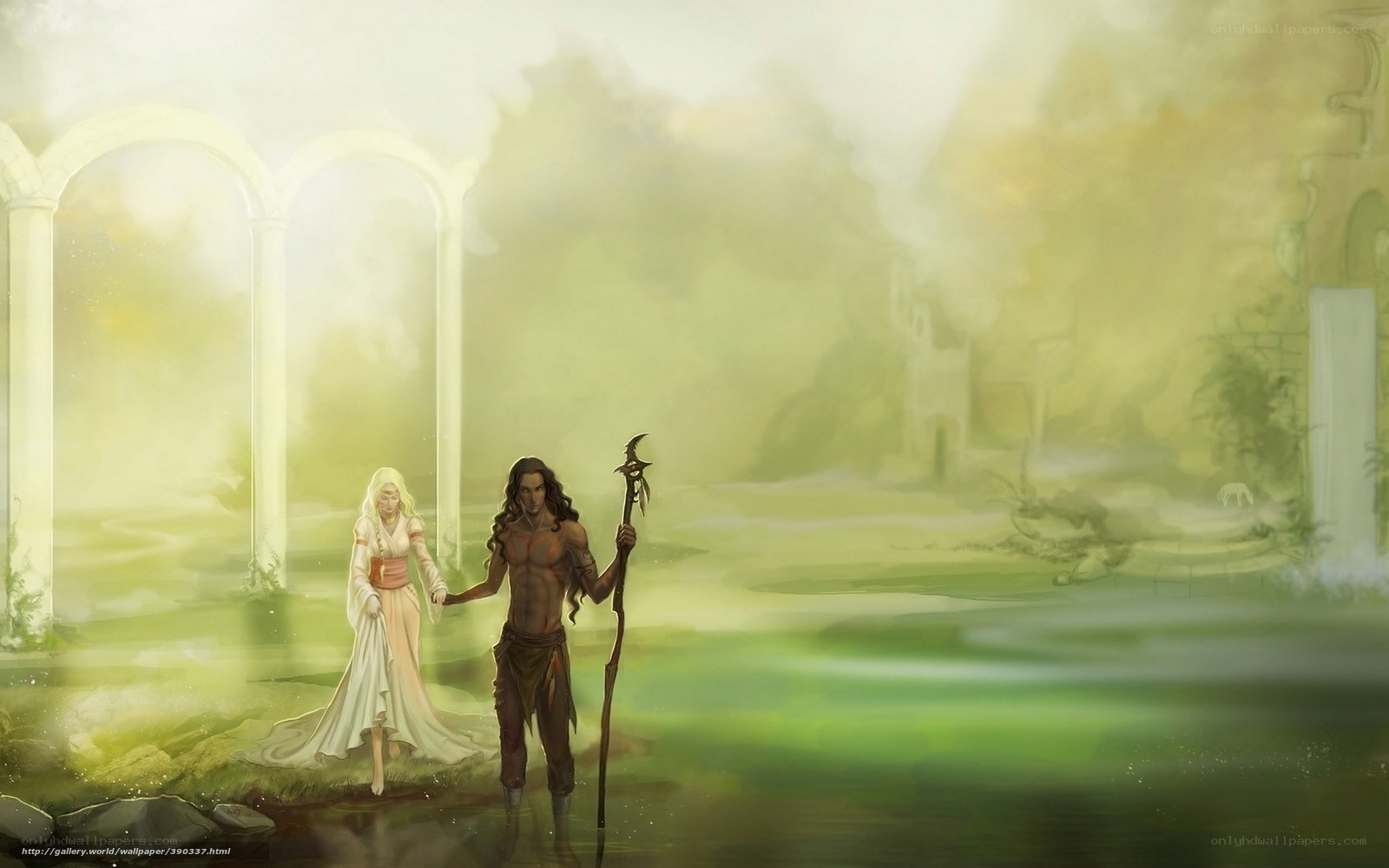 Fantasy couple in misty ruins