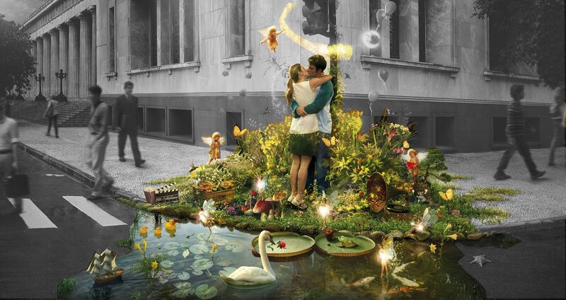 Fantasy couple in urban garden