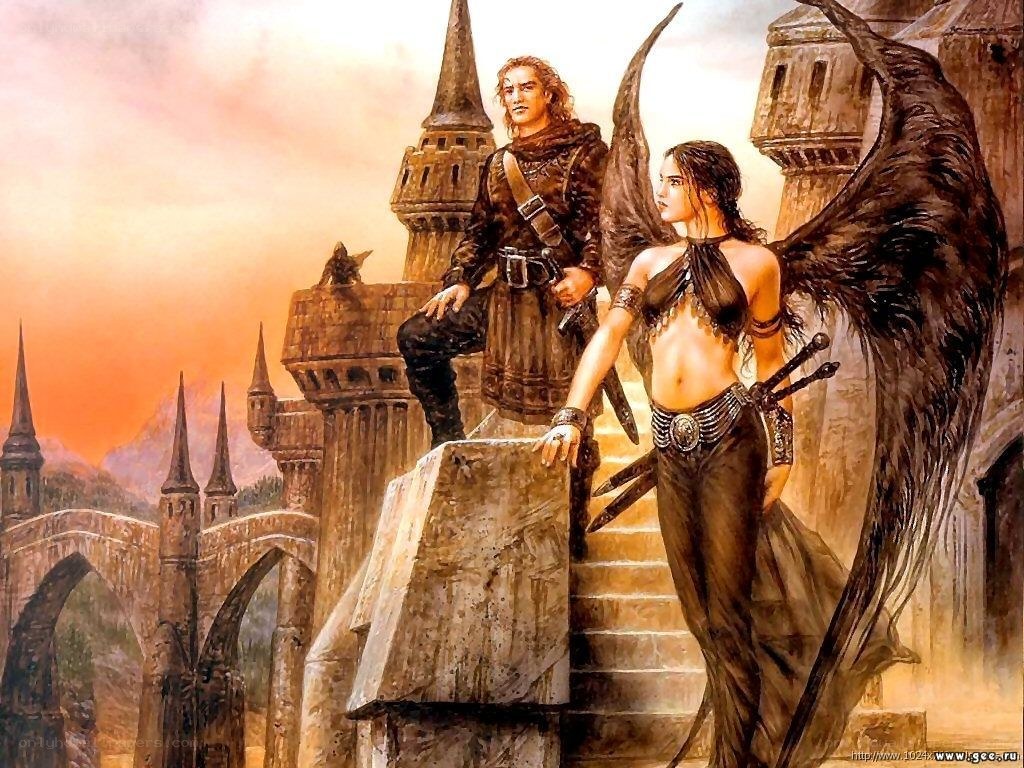 Fantasy couple on castle ramparts