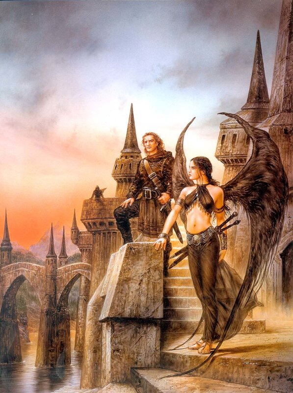 Fantasy couple on castle steps