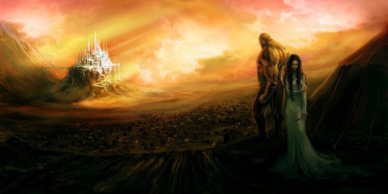 Fantasy couple overlooking a city