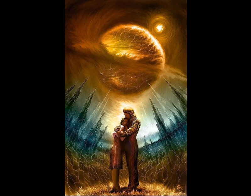 Fantasy couple under glowing sky