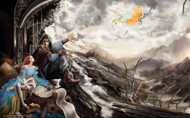 Fantasy couple watching dragons