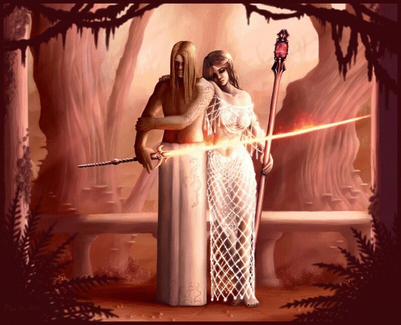 Fantasy couple with glowing weapons
