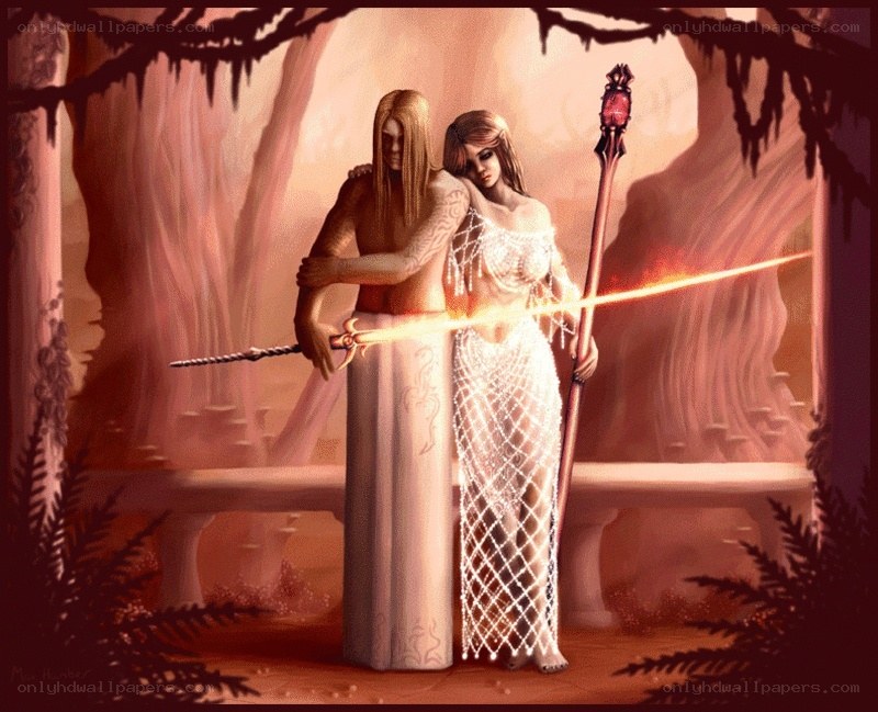 Fantasy couple with glowing weapons