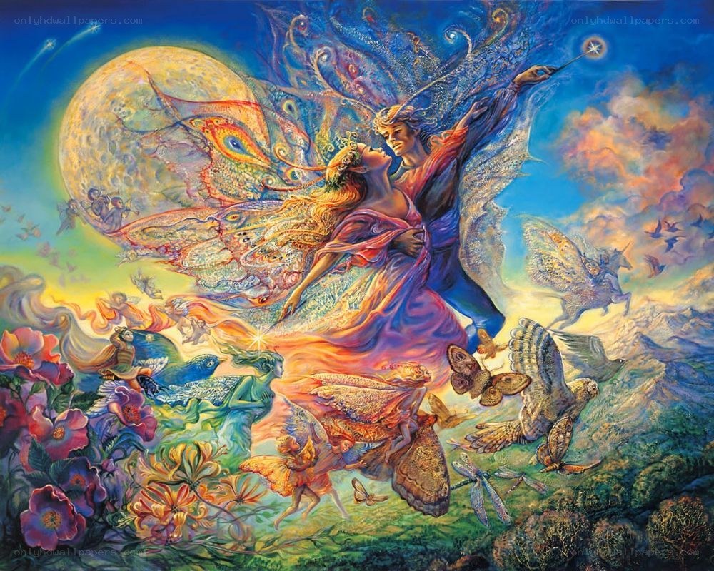 Fantasy couple with moon and creatures