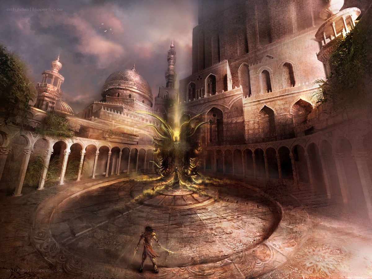 Fantasy courtyard with magical artifact
