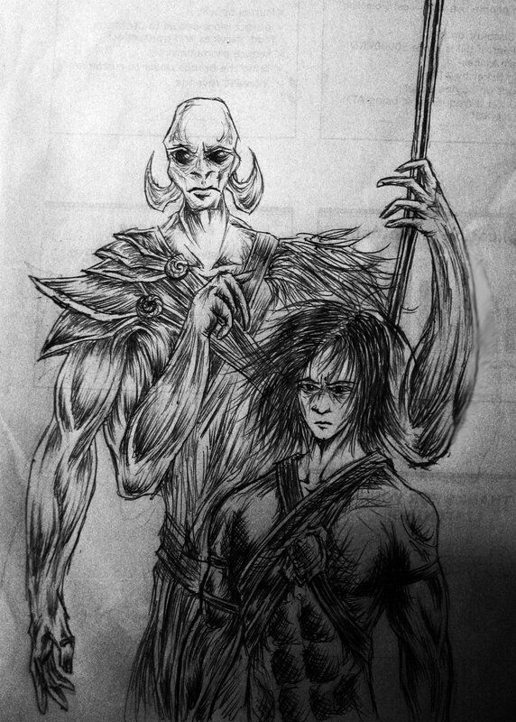 Fantasy creature and warrior sketch
