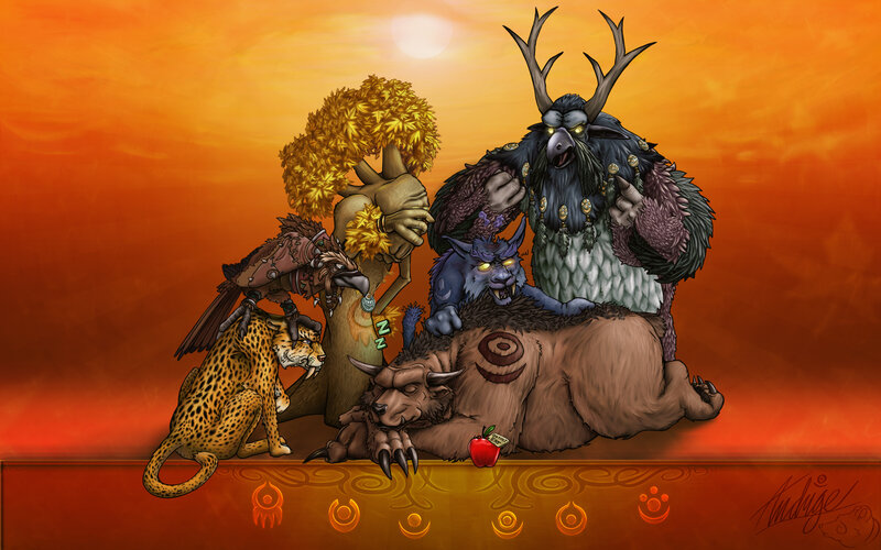 Fantasy creatures at sunset