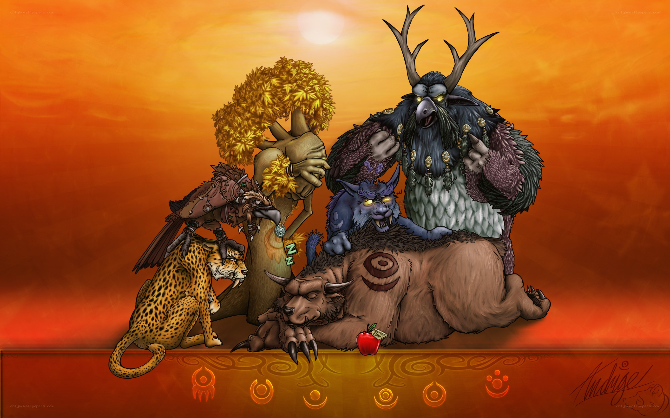 Fantasy creatures at sunset