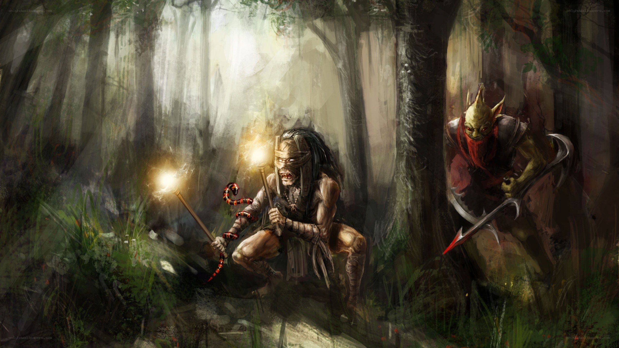 Fantasy creatures in a dark forest