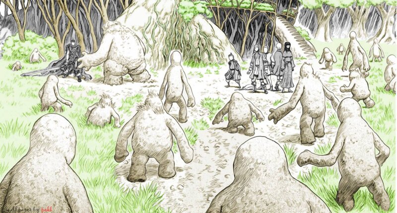 Fantasy creatures in a forest clearing