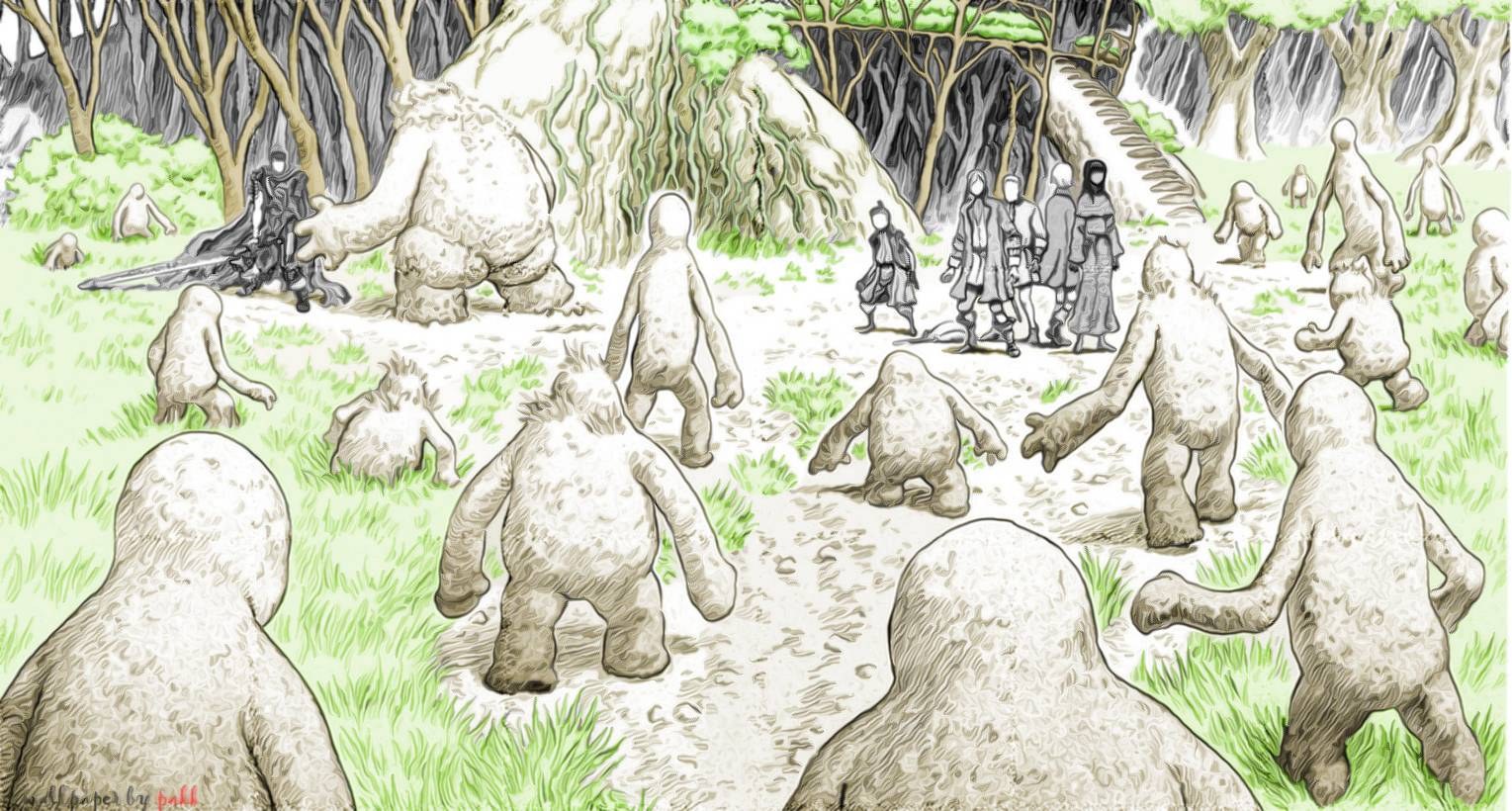 Fantasy creatures in a forest clearing