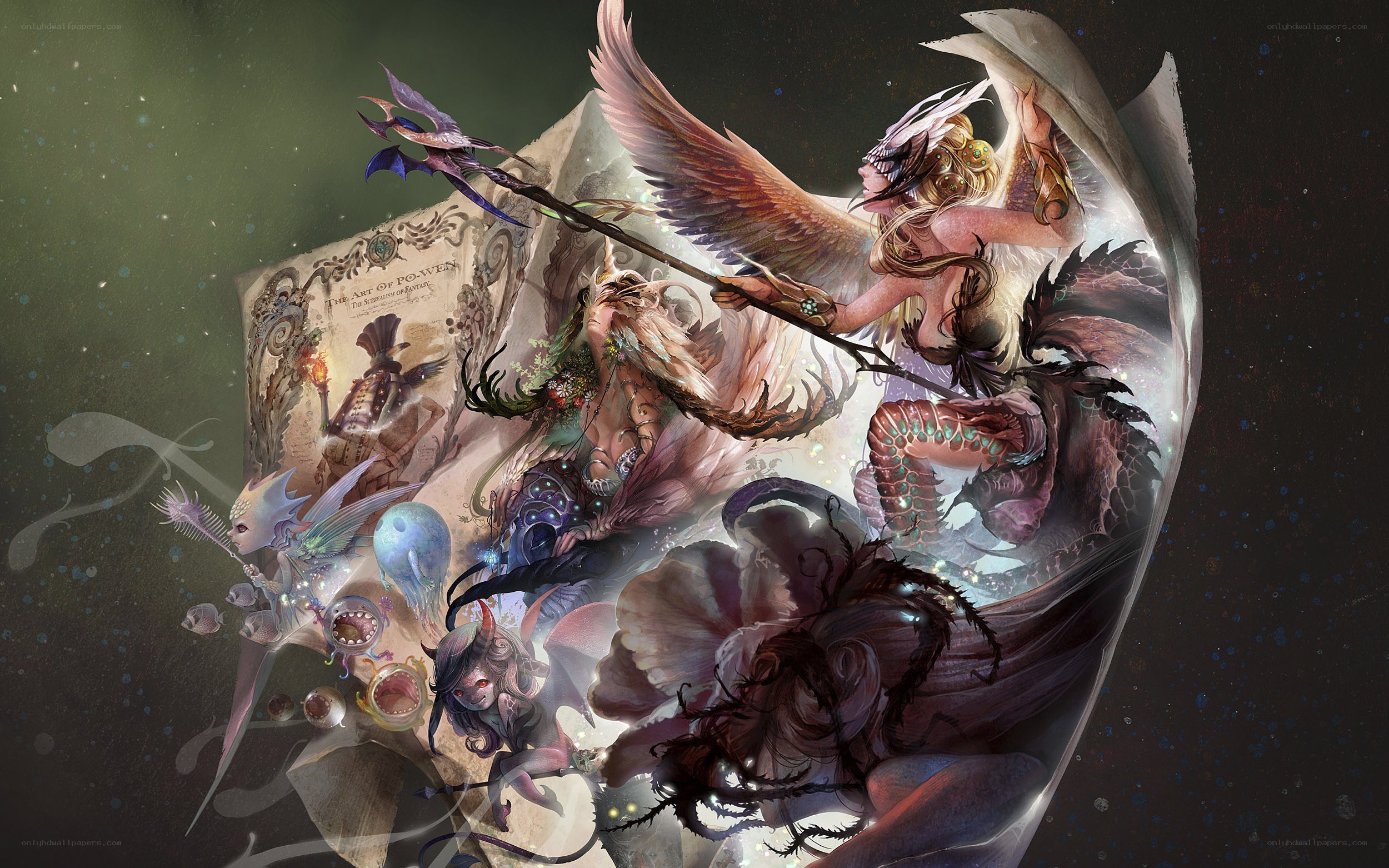 Fantasy creatures in a magical book