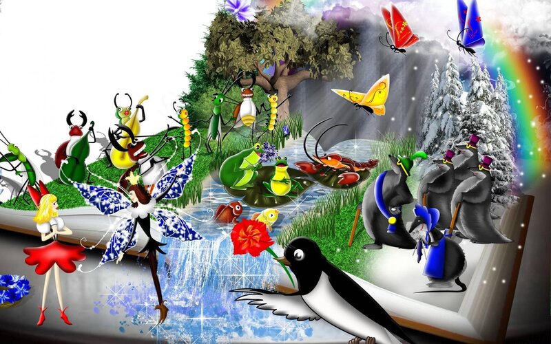 Fantasy creatures in a magical landscape