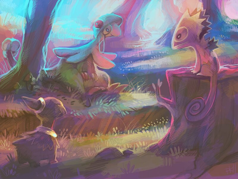 Fantasy creatures in a vibrant forest