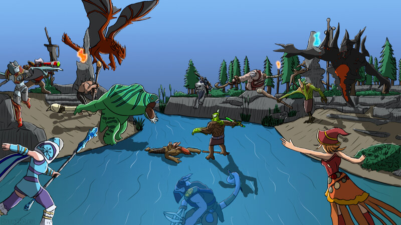 Fantasy Creatures in Battle — Blue, Chaotic, Afternoon