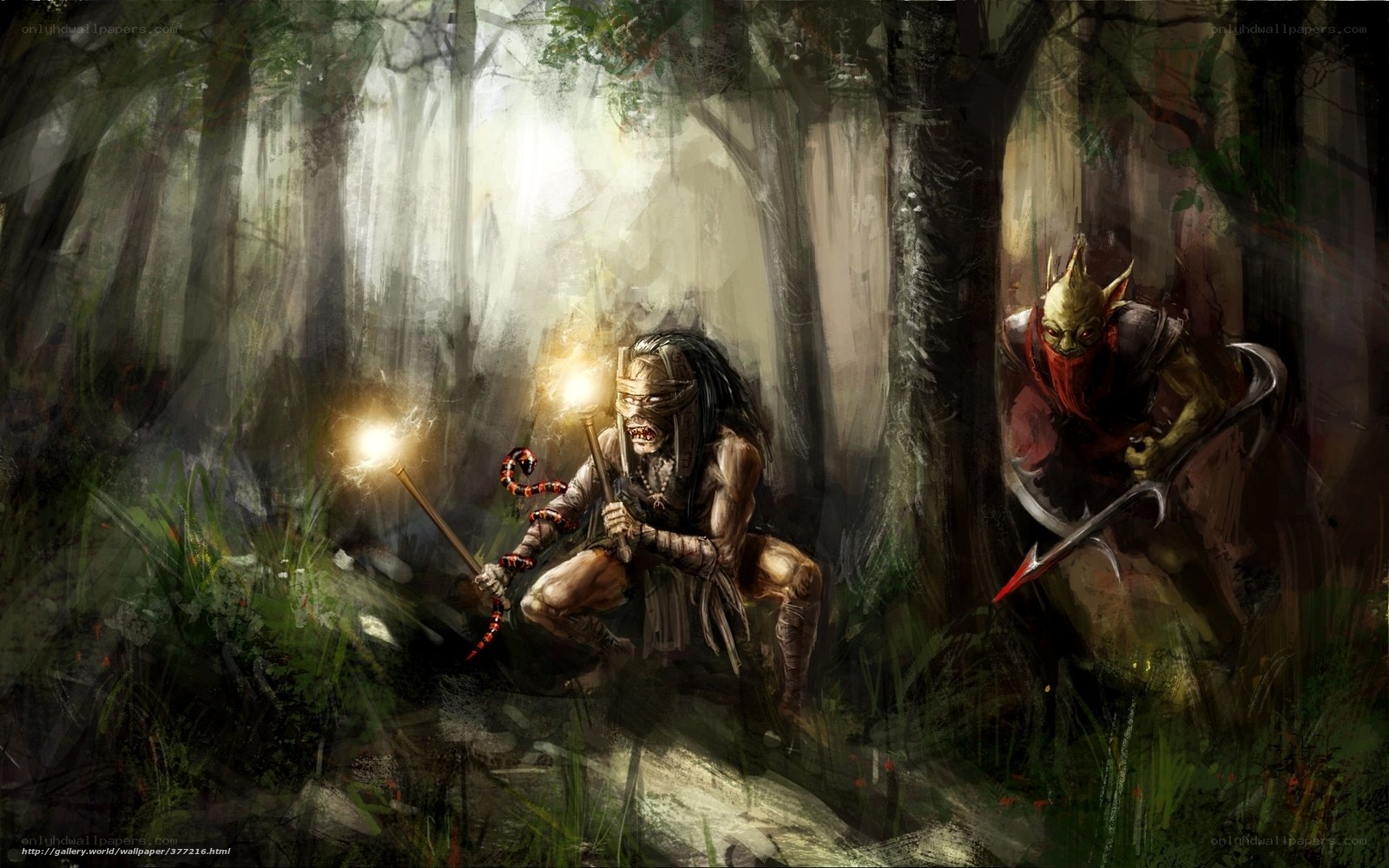 Fantasy creatures in dark forest