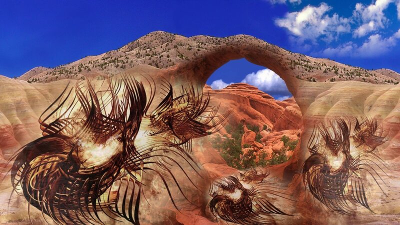 Fantasy creatures in desert landscape
