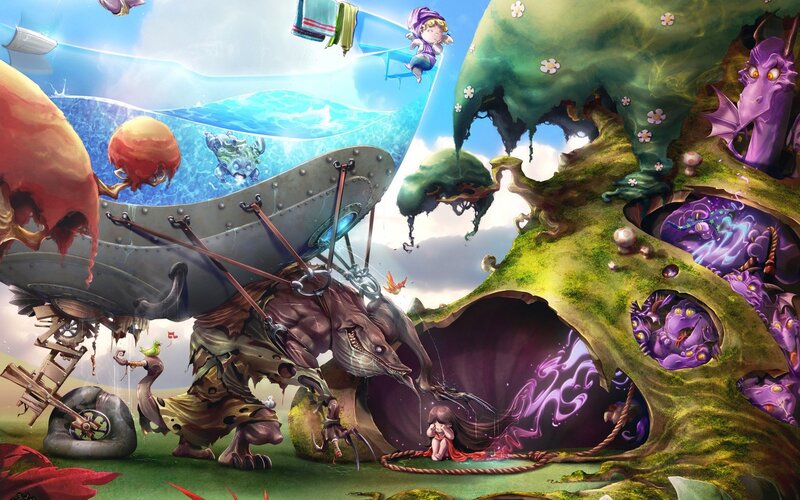 Fantasy Creatures in Landscape — Green, Whimsical