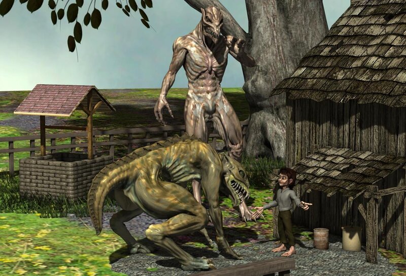 Fantasy creatures in village