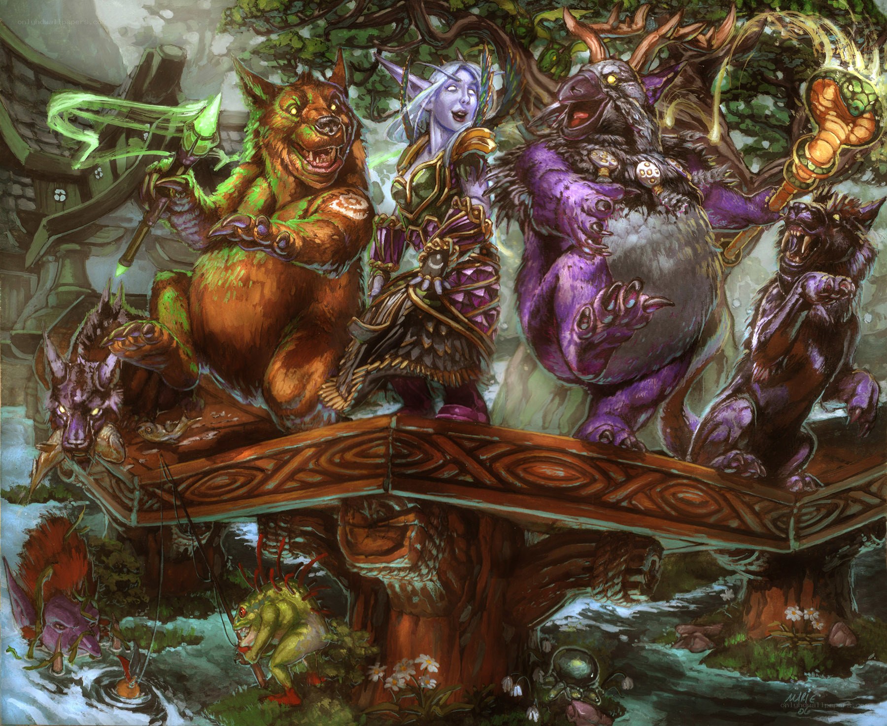 Fantasy creatures on a bridge