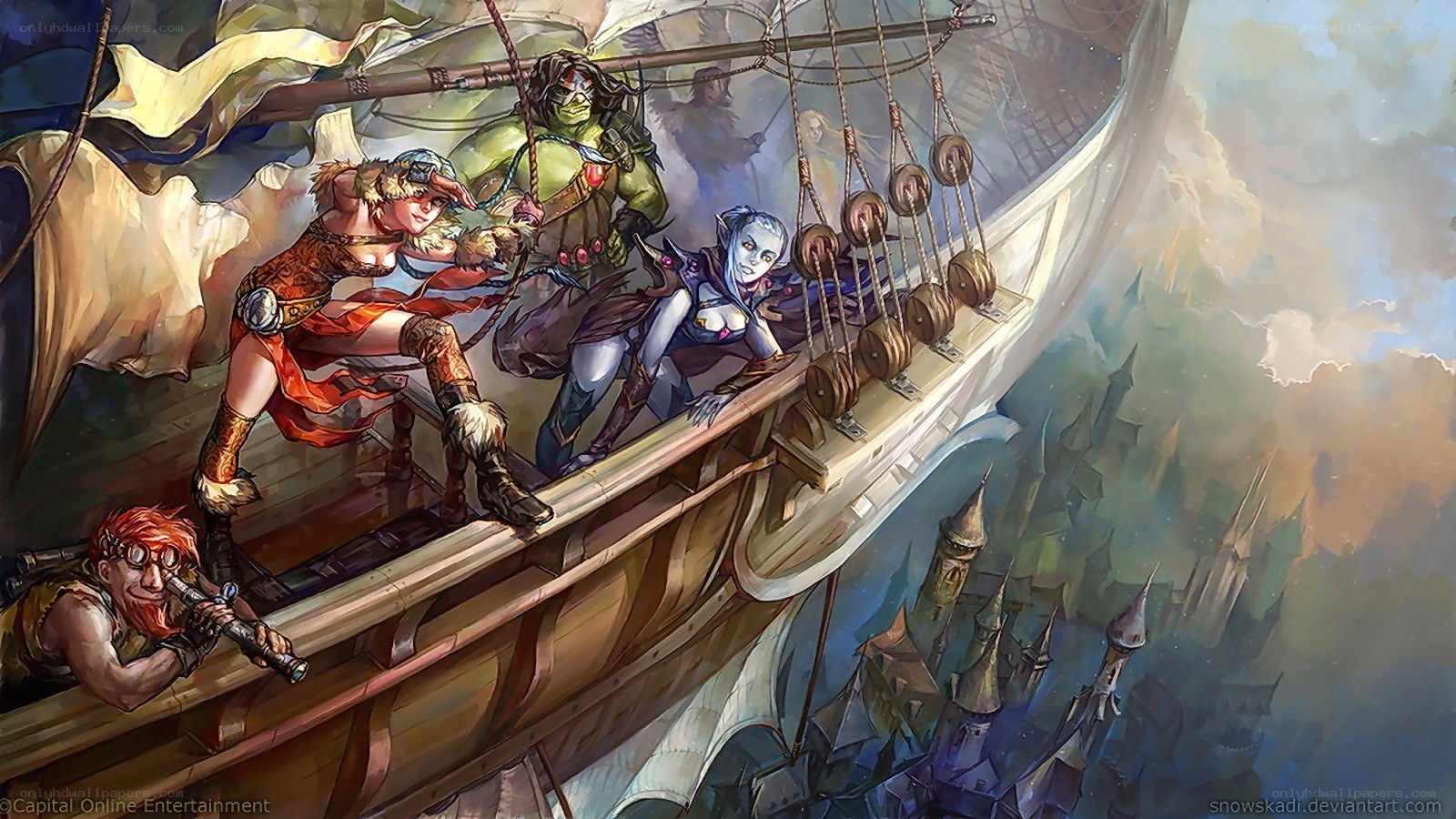 Fantasy crew on a flying ship