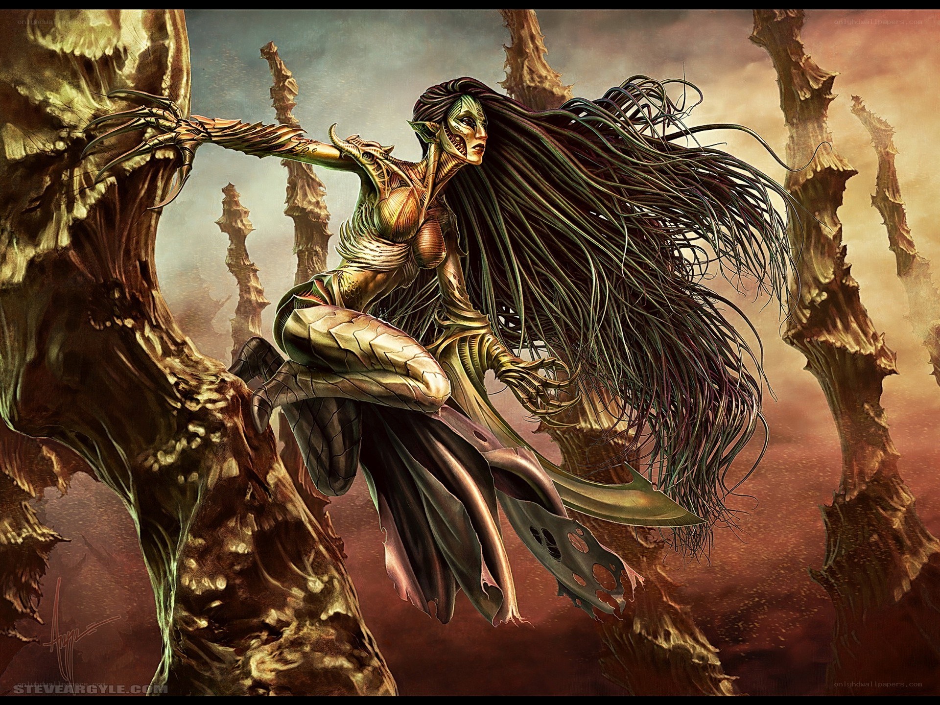 fantasy elf warrior in desolate landscape