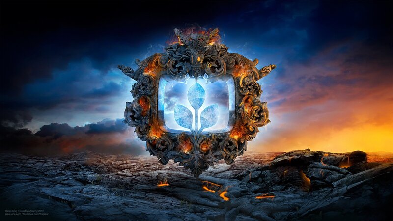 Fantasy emblem on volcanic landscape