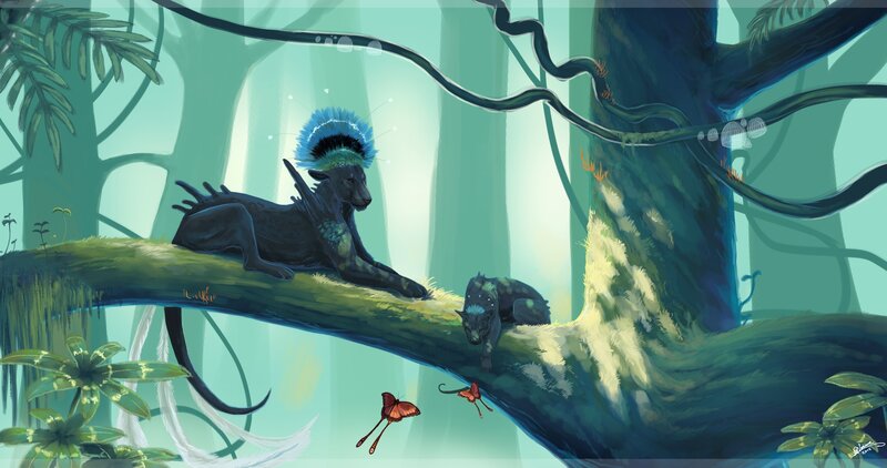 Fantasy felines in a lush forest