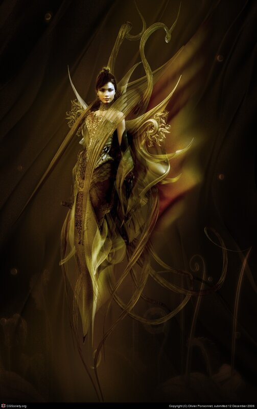 fantasy female character with golden wings