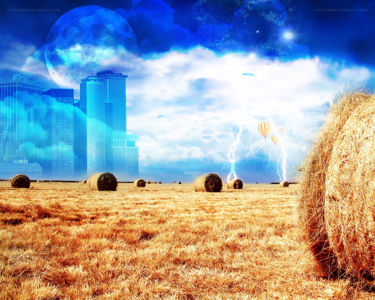 Fantasy field with city and moon