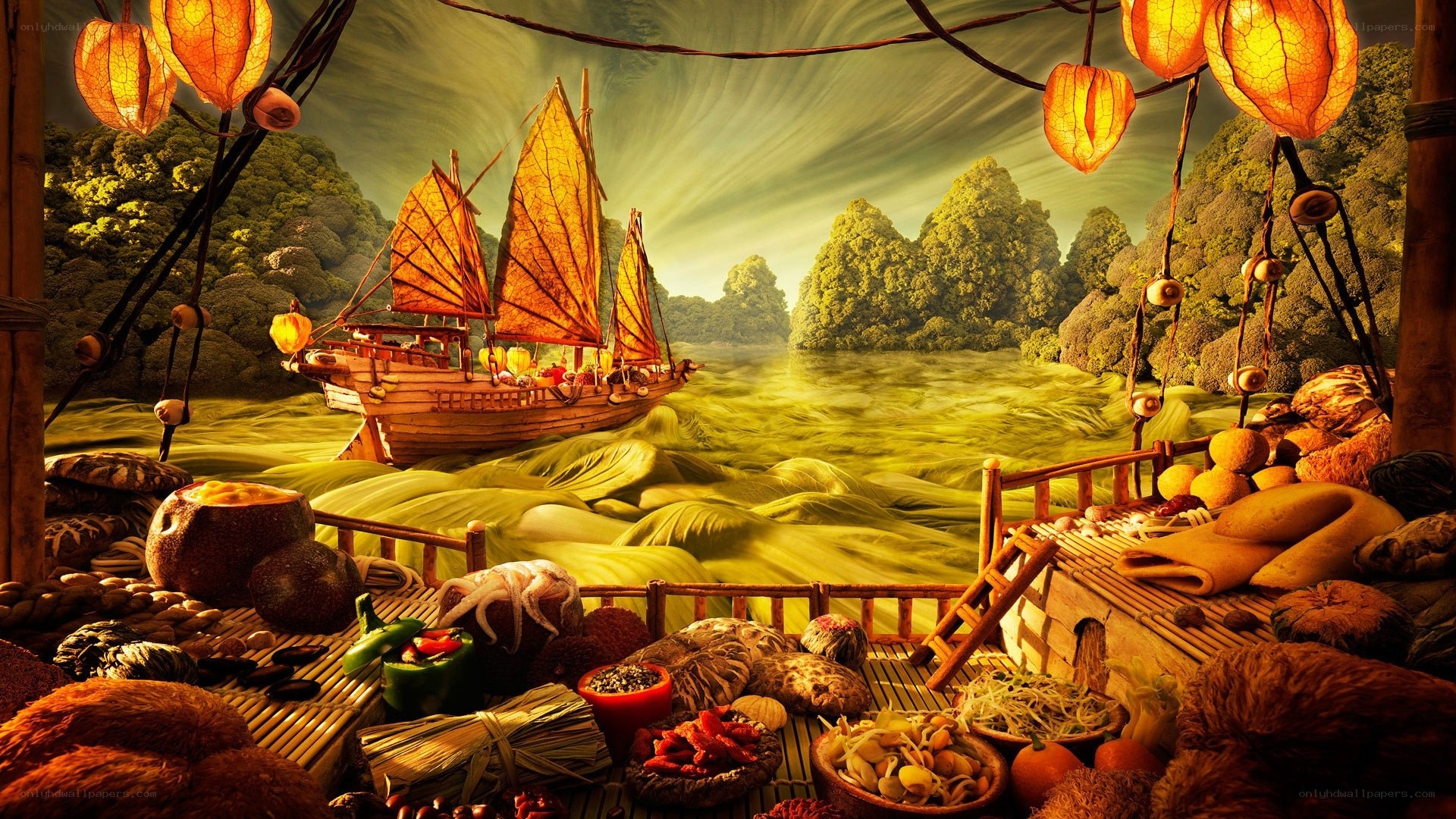 Fantasy food landscape with ship