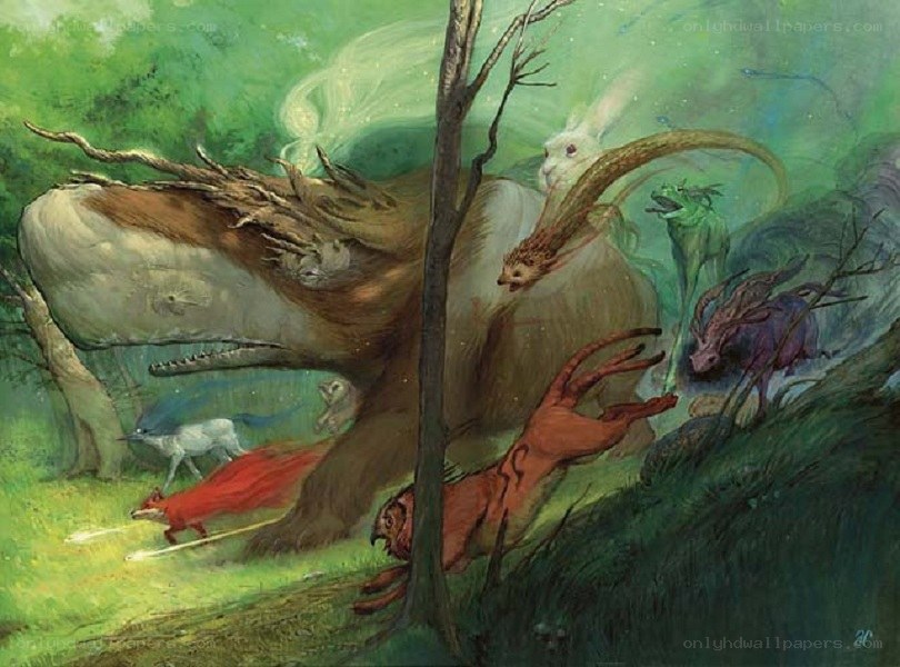 Fantasy forest creatures in chaos
